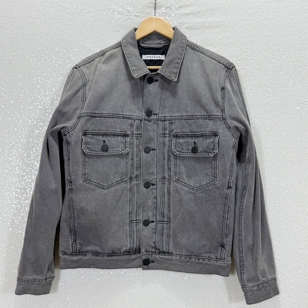 PacSun Men’s Gray Denim Trucker Jacket Medium Quilted Lined Button Front